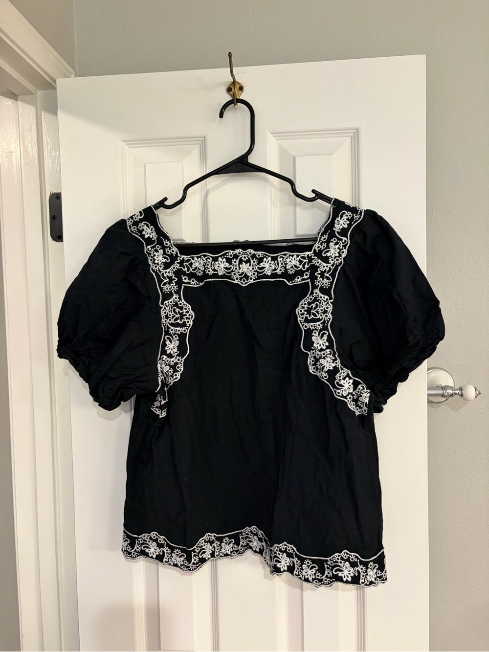 By Anthropologie Black Embroidered Cotton Linen Square Neck Top S